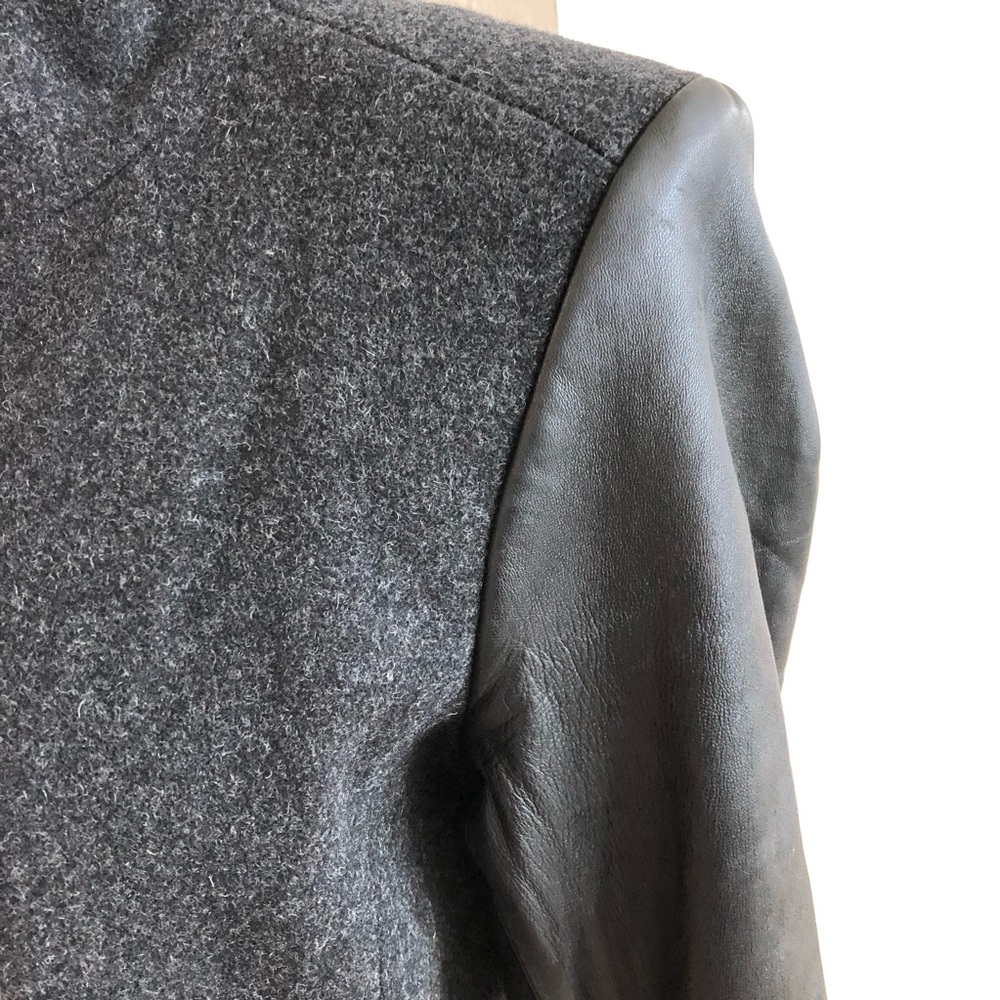 Eileen Fisher High Collar Full Zip Wool Coat Leather Sleeves Black/Gray Medium - Picture 4 of 9